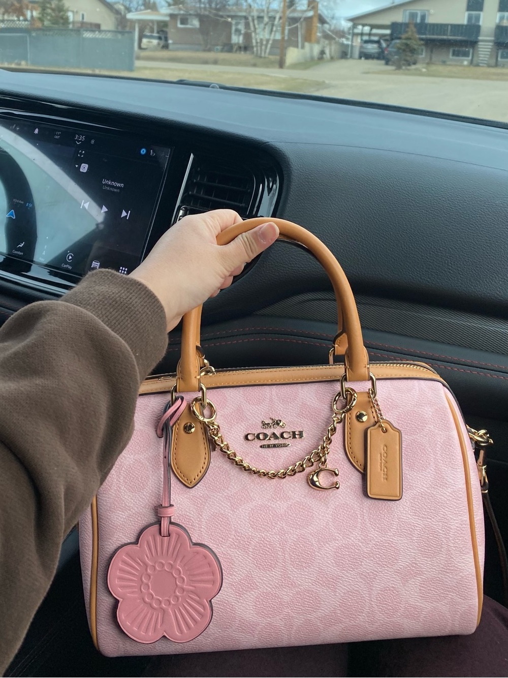 COACH Pink Leather Satchel with Tan Handles and Gold Hardware